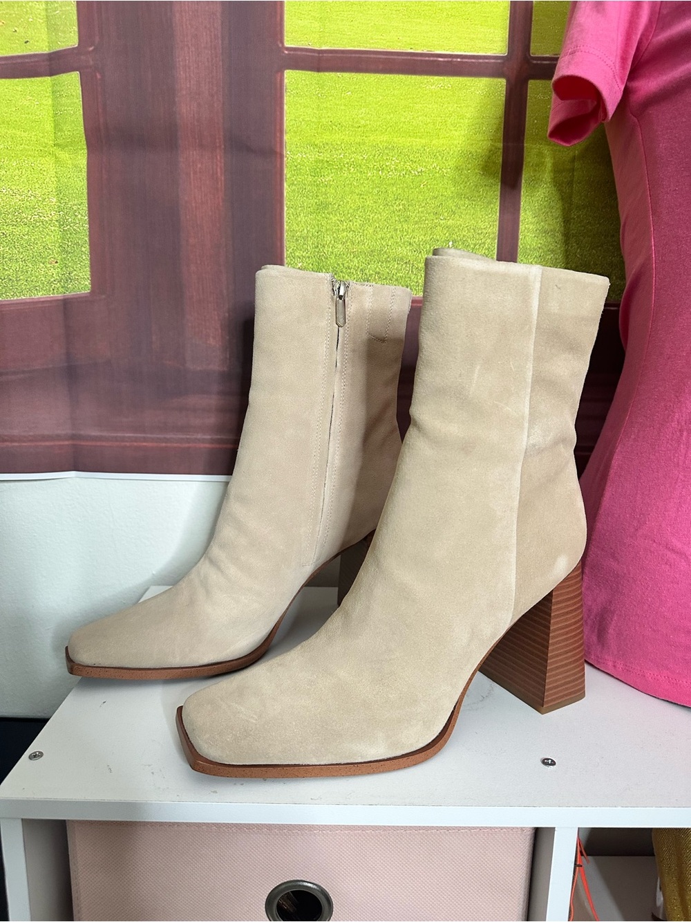 Sam Edelman Cream Suede Square-Toe Block Heel Ankle Boots
